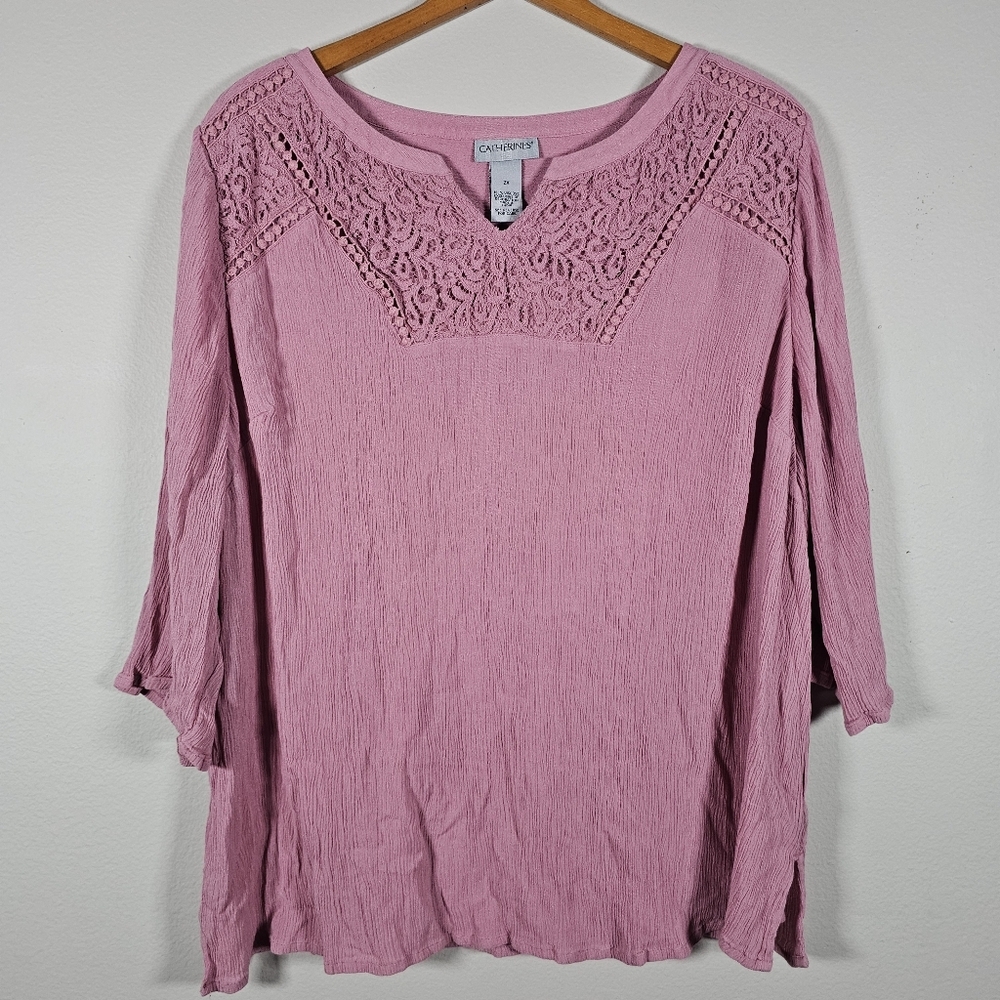 Catherines Womens 2X Blouse‎ Top Pink Lace Neckline Peasant 3/4 Sleeve Crinkle
